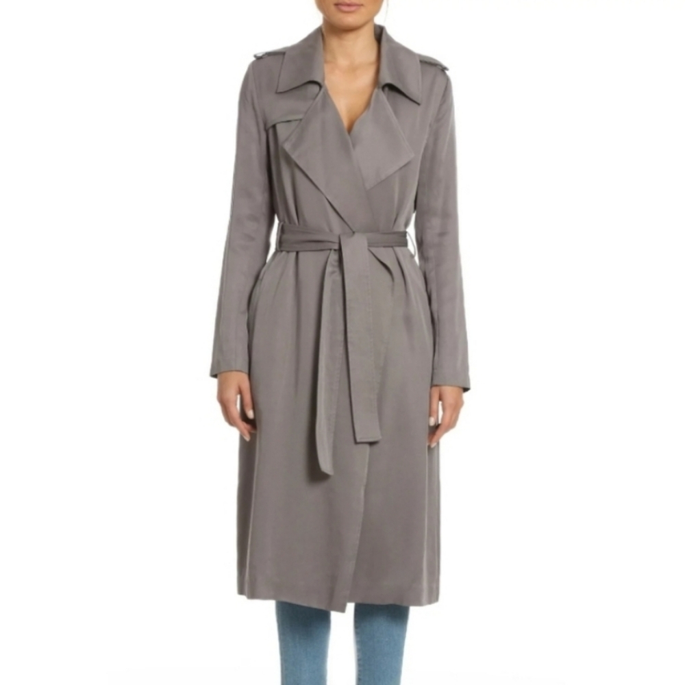 Women's Gray Trench Coat with Waist Tie
